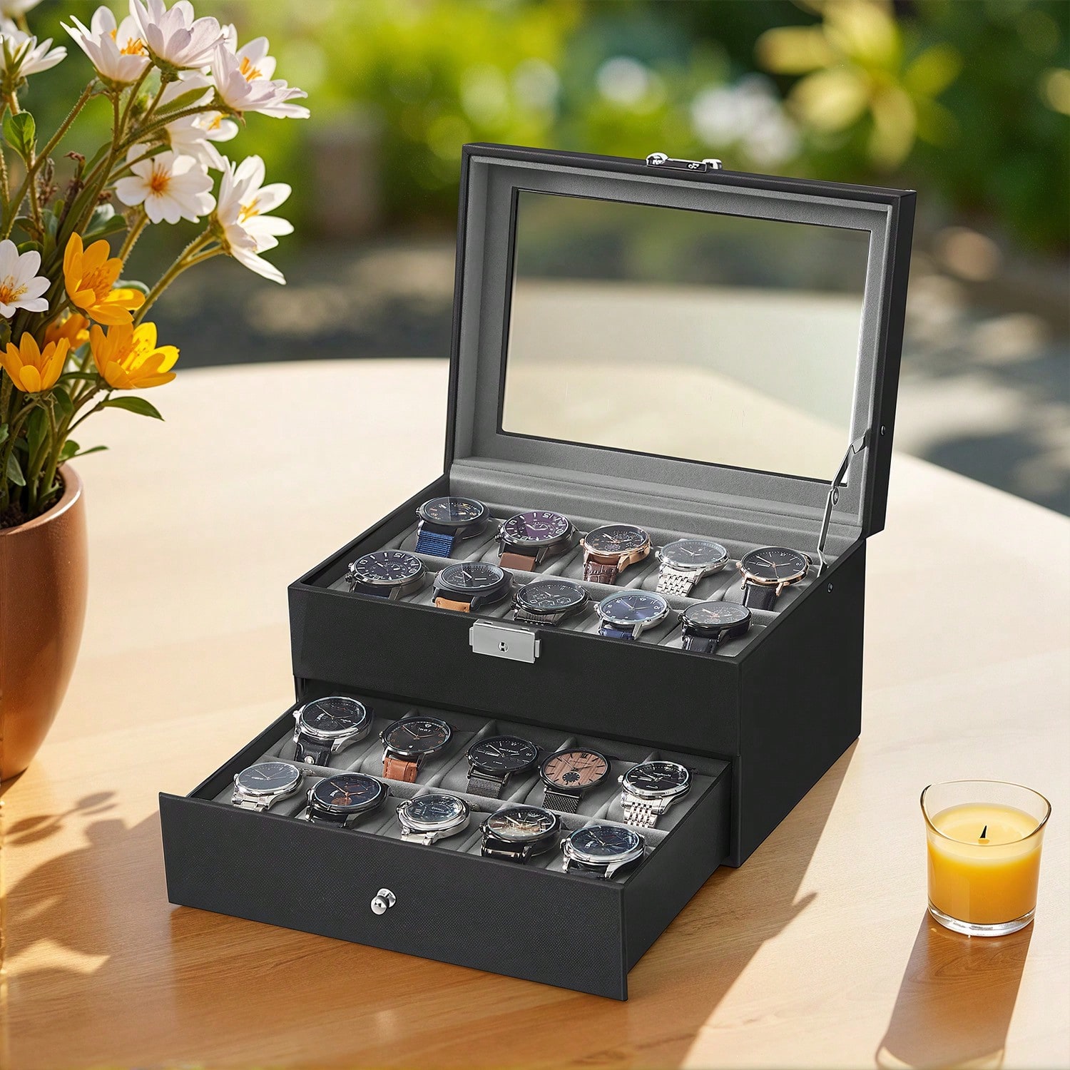 Watches Jewelry Holder - 20-Slot Watch Box with Glass Lid