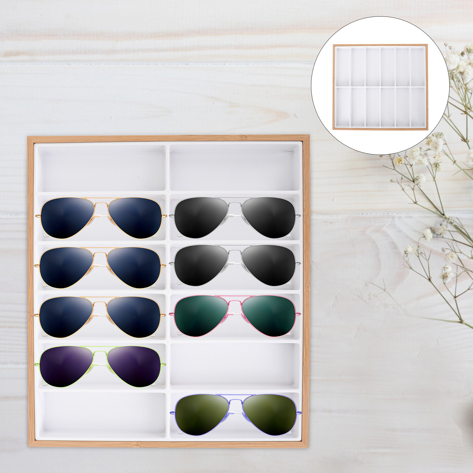 Watches Jewelry Holder - Glasses Display Tray 12-Grid Wooden Sunglasses
