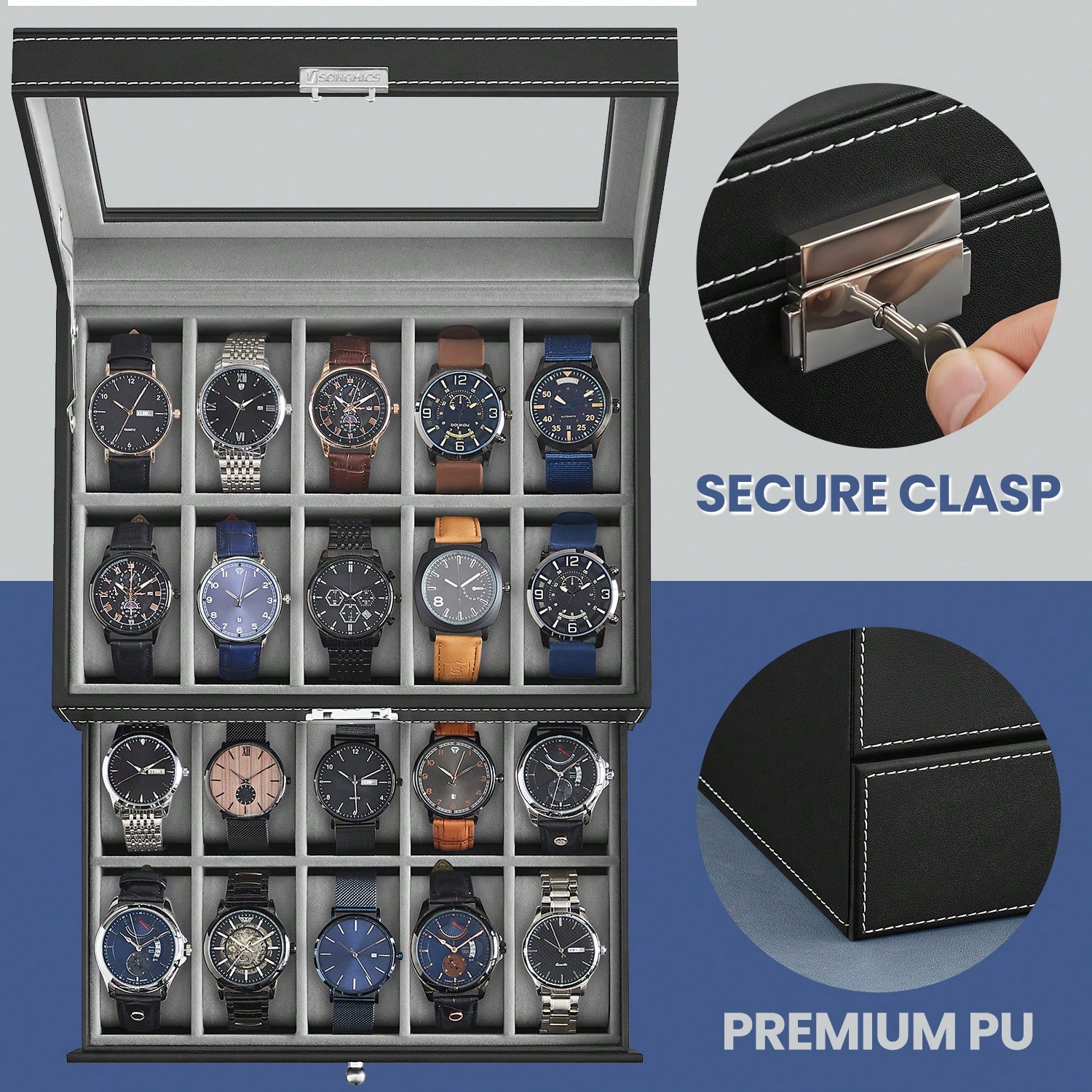 20-Slot Watch Box with Glass L - Watches Jewelry Holder ulasan dan harga